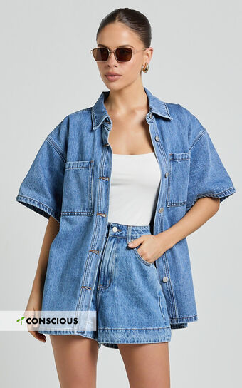 Rhianna Top - Oversized Recycled Denim Short Sleeve Shirt in Mid Blue Wash