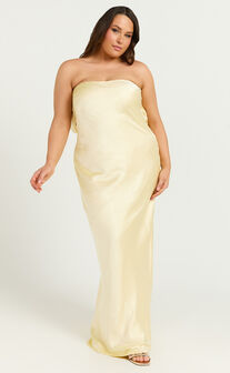 Charlita Maxi Dress - Strapless Cowl Back Satin Dress in Butter Yellow