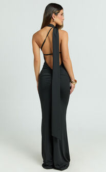 Seraphine Maxi Dress - Halter Neck Low Back Fit And Flare Dress in Black
