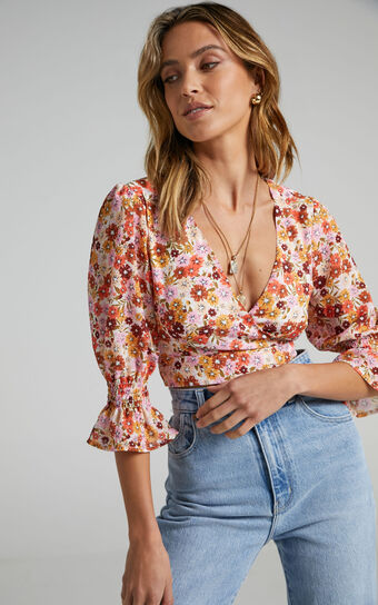 Cross The Line Wrap Crop Top in Sahara Ditsy Floral Print