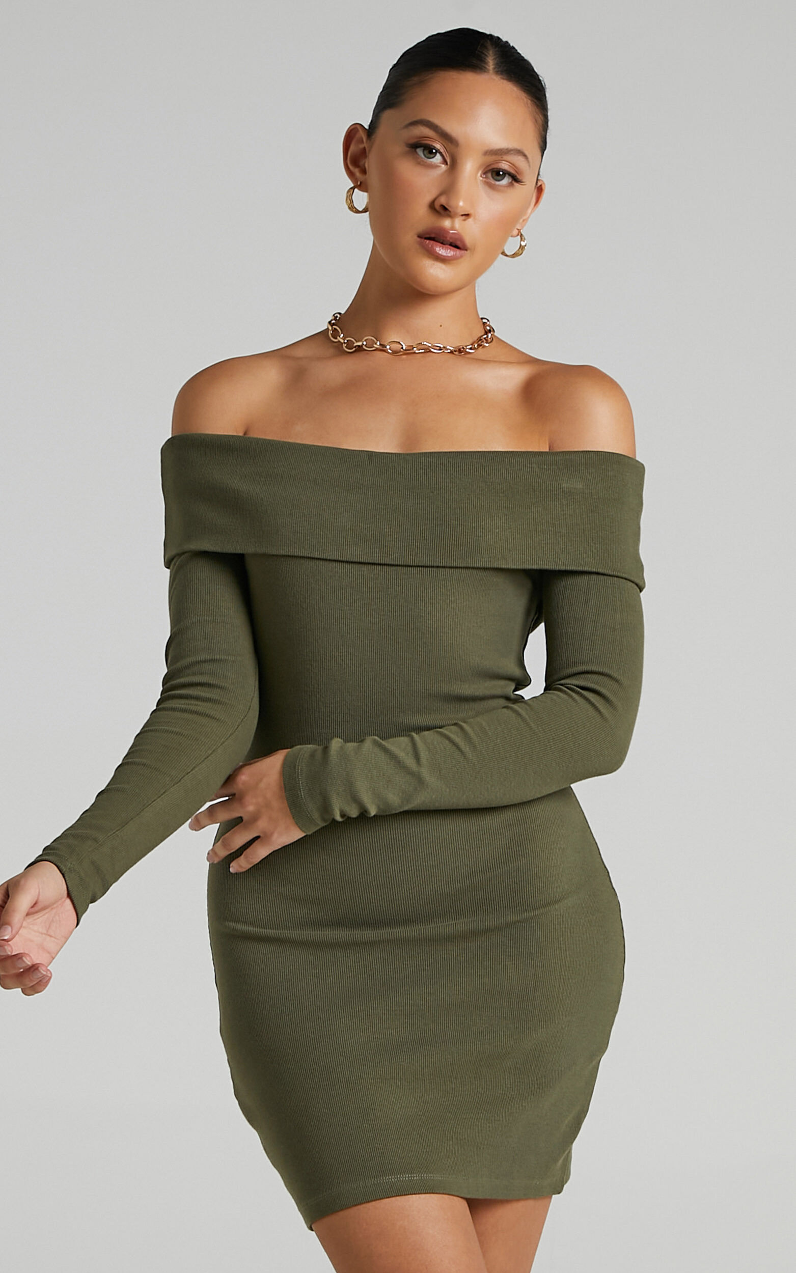 Barker Mini Dress - Off Shoulder Bodycon Dress in Khaki - 06, GRN1