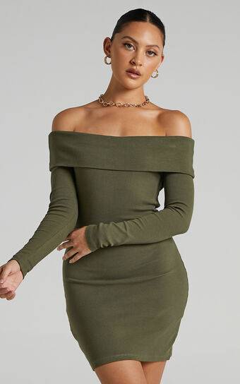 Barker Mini Dress - Off Shoulder Bodycon Dress in Khaki