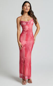 Ariel Midi Dress - Mesh Bodycon Tie Detail Dress in Pink