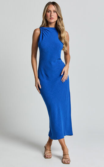 Jessenia Maxi Dress Linen Look High Neck in Cobalt Showpo Sale