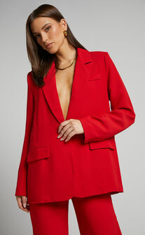 Michelle Blazer - Oversized Plunge Neck Button Up Blazer in Red