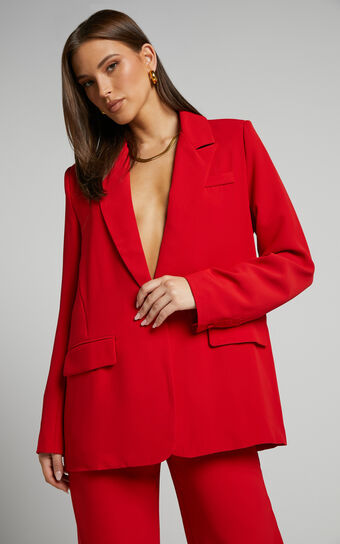 Michelle Blazer  Oversized Plunge Neck Button Up in Red Showpo