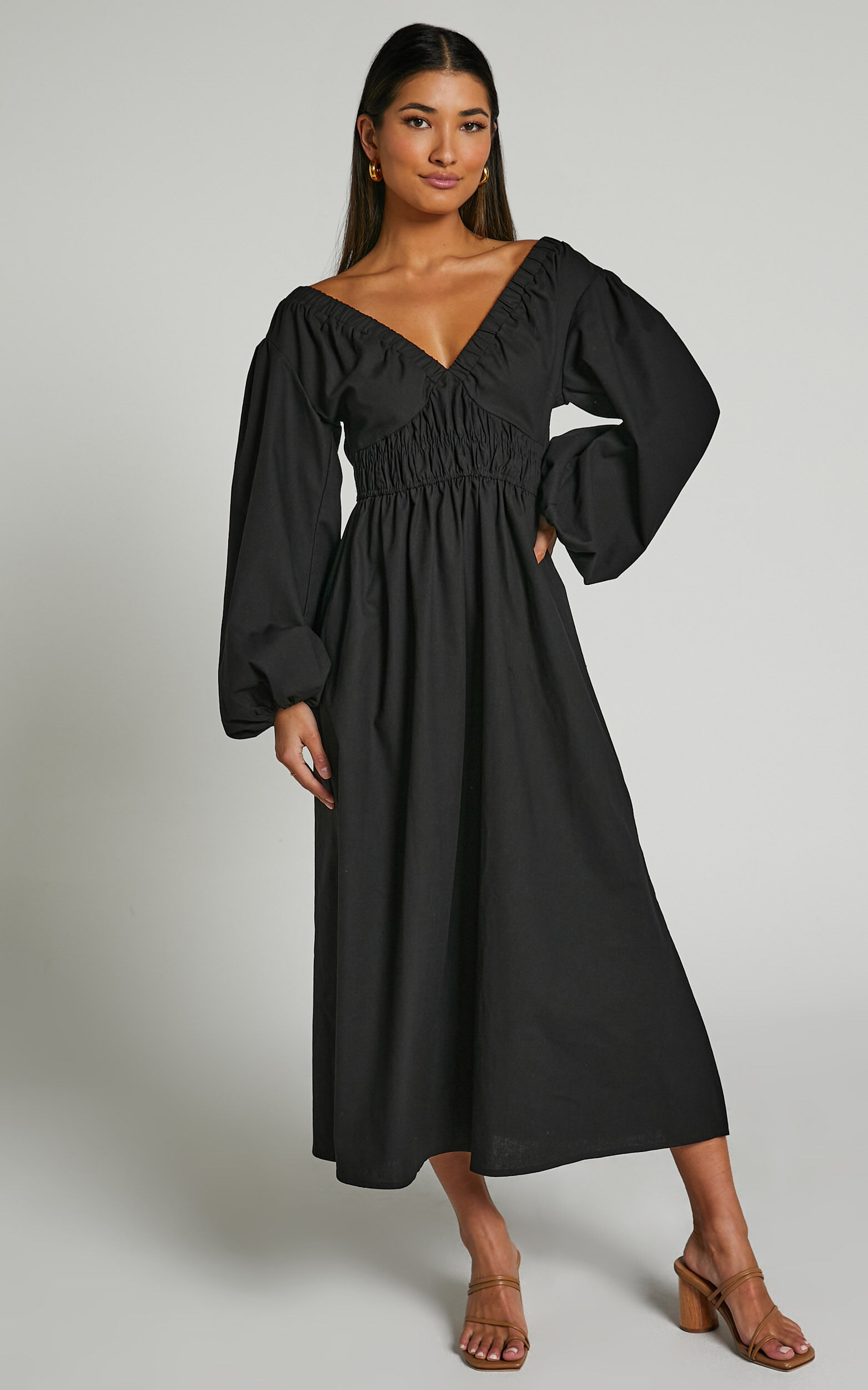 Tori Midi Dress - Linen Look Shirring V Neck Long Balloon Sleeve Dress ...