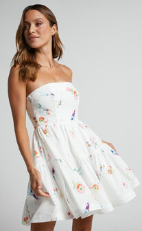 Shineey Mini Dress - Strapless Tiered Dress in Painterly Wild Flower