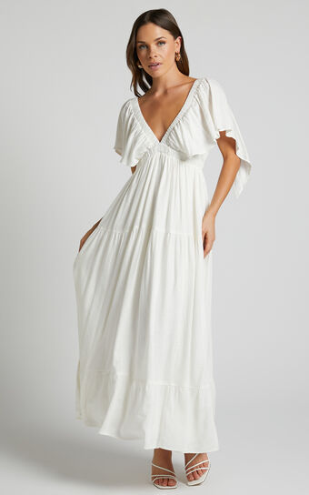 Lyrad Midi Dress - Linen Look Empire Waist Textured Dress in White Showpo