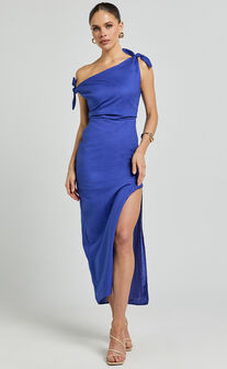 Cincinnati Midi Dress - Off The Shoulder Side Split Column Linen Look Dress in Cobalt