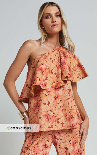 Amalie The Label Aiko Linen Blend One Shoulder Frill Top in Valencia Print