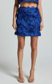 Shelby Mini Skirt - High Waist Fringe Skirt in Cobalt Blue