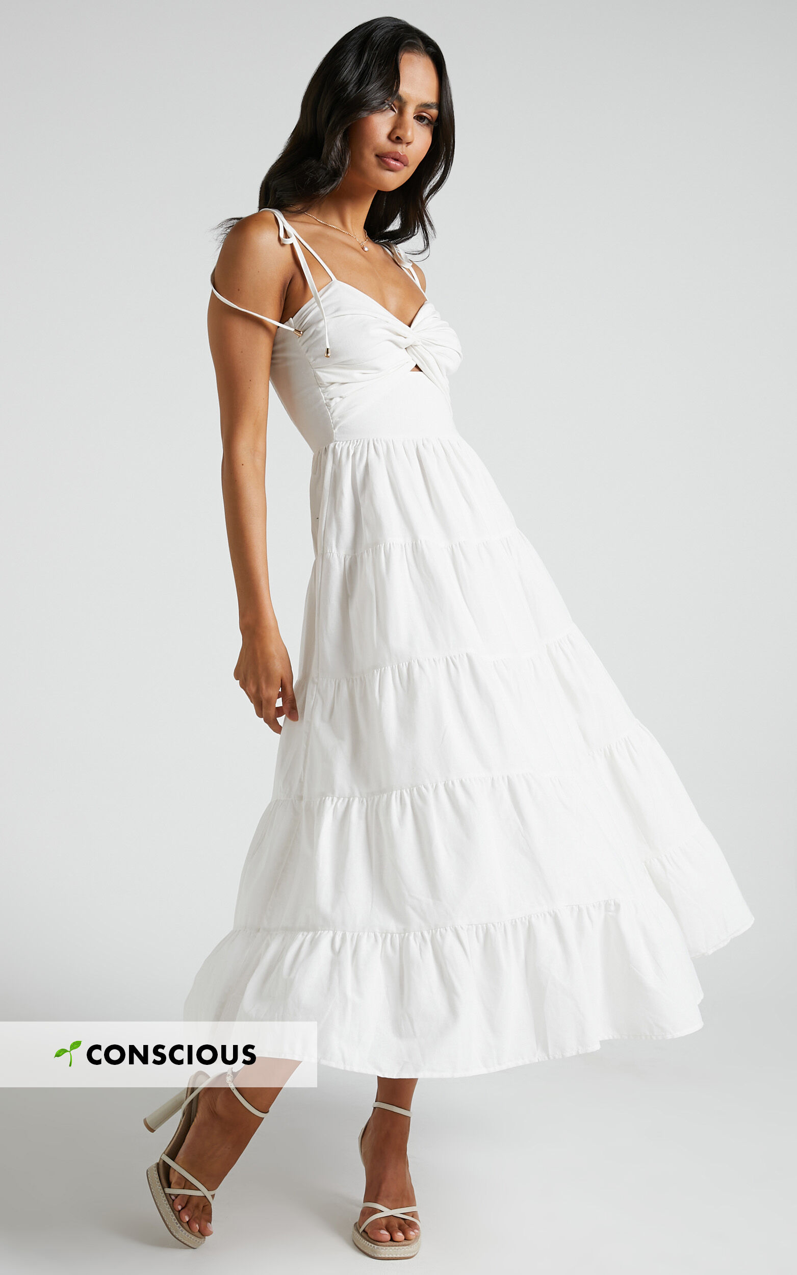 Leticia Midi Dress - Twist Front Tie Strap Tiered Dress in Off White - 06, WHT2