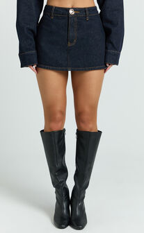 Fabia Skort - Denim Mid Rise Skort in Raw Denim Wash