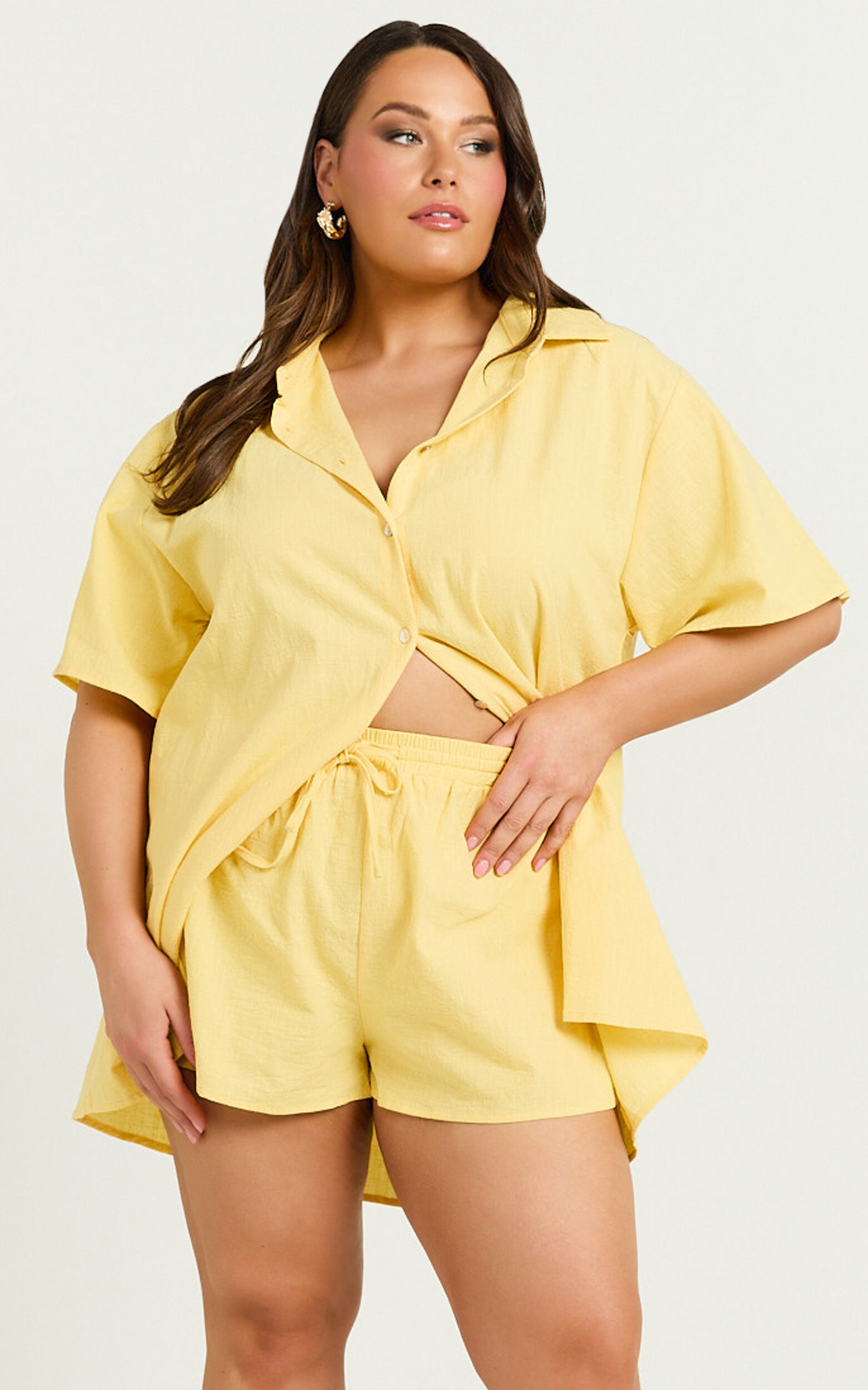 Vina Del Mar Two Piece Set Linen Look Shirt and Shorts Set in Yellow Showpo