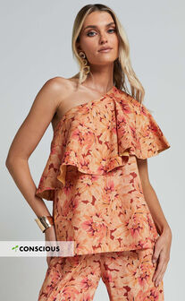 Amalie The Label - Aiko Linen Look Blend One Shoulder Frill Top in Valencia Print