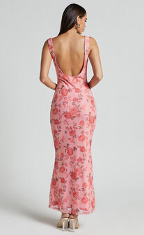 Nadine Maxi Dress - Cowl Neck Low Back Mesh Slip Dress in Pink Floral