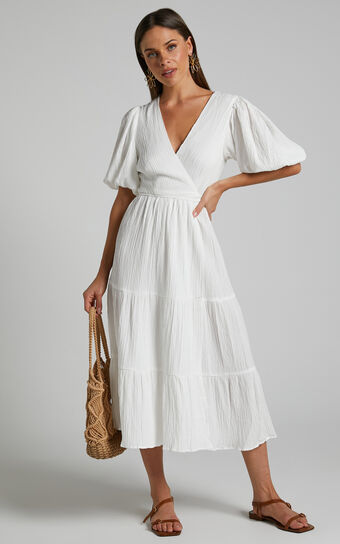 Junmae Midi Dress - Tiered Waffle Wrap Dress in Ivory