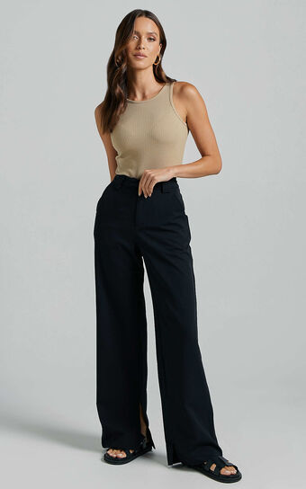 Sabra Tailored Pants - Straight Leg Side Split Pants in Black