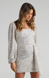 Harmony Mini Dress - Long Sleeve Drape Dress in Champagne Sequin ...