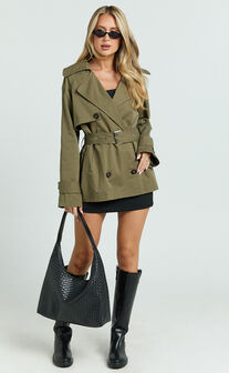 Vicky Jacket - Short Belted Trench Coat in Olive