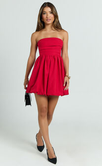 Shaima Mini Dress - Strapless Bubble Hem Dress in Red