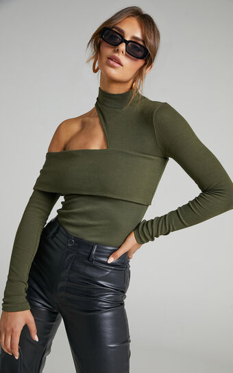 Kiefer Top - Asymmetric Long Sleeve Cutout Top in Khaki