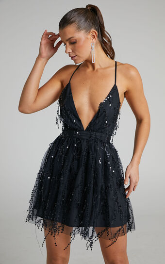 Watch The Queen Conquer Mini Dress - Tulle Plunge Dress in Black Sequin