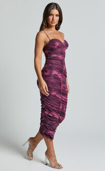Leanor Midi Dress - Mesh Ruched Bustier Bodycon Dress in Grape Print