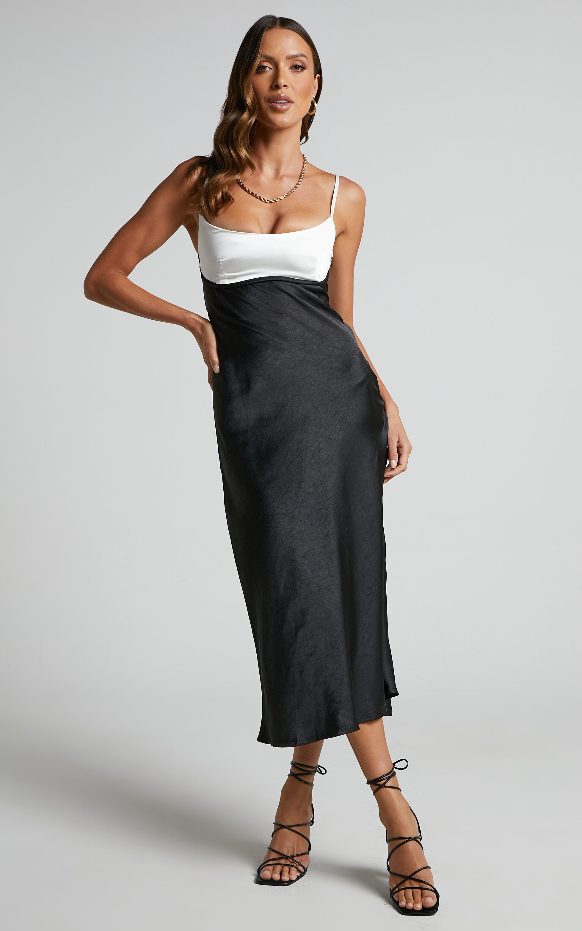 Shantelle Midi Dress Satin Slip Contrast Bust Dress in Black
