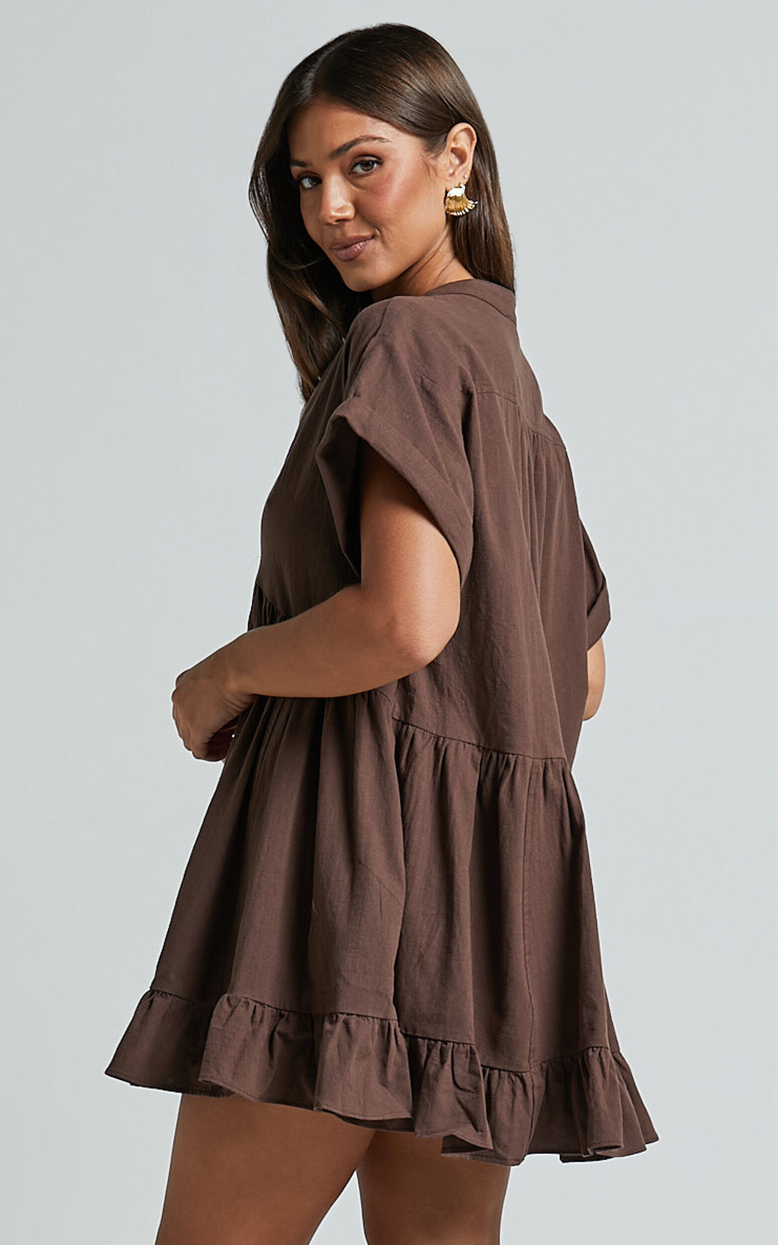 Calissa Mini Dress Frill Hem Smock Dress in Chocolate Showpo