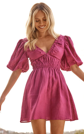 Amalie The Label - Khaila Linen Plunge Puff Sleeve Mini Linen Dress in Mulberry
