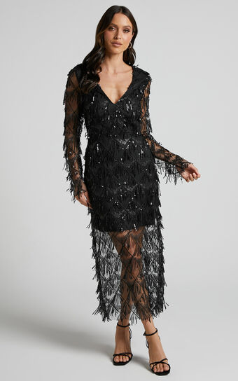 Emmett Midi Dress - Long Sleeve Sequin Diamond Mesh Dress in Black