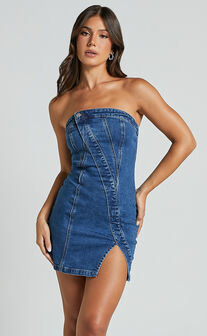 Erline Mini Dress - Asymmetric Strapless Denim Dress in Dark Blue Wash