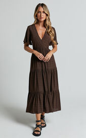 Cryzel Midi Dress - Flutter Sleeve Tiered Dress in Chocolate | Showpo USA