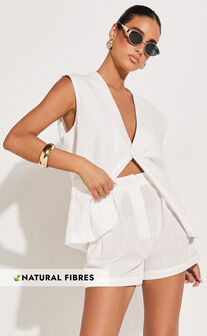 Marlee Two Piece Set - Linen Button Through Vest and Shorts Set in White