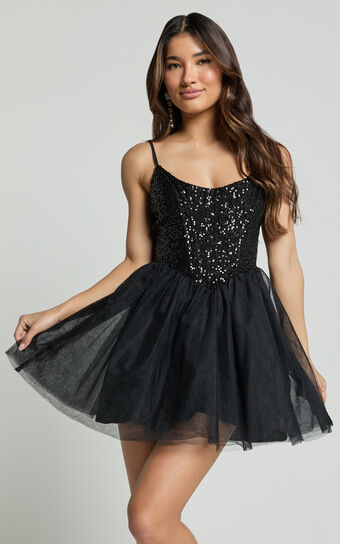 Violette Mini Dress - Sequin Corset Tulle Skirt Dress in Black