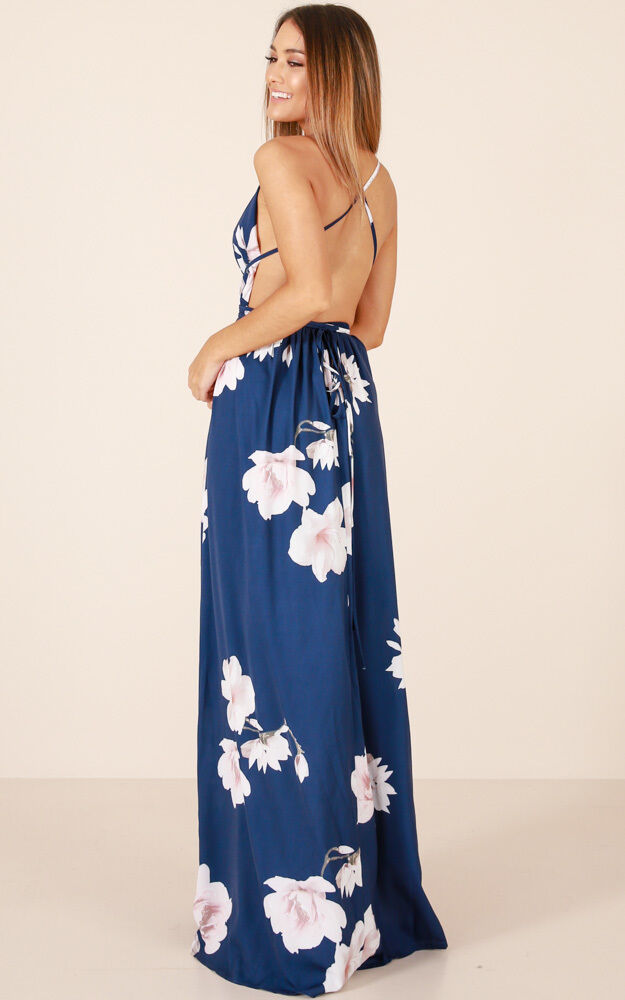 Shine through maxi deals dress in navy floral