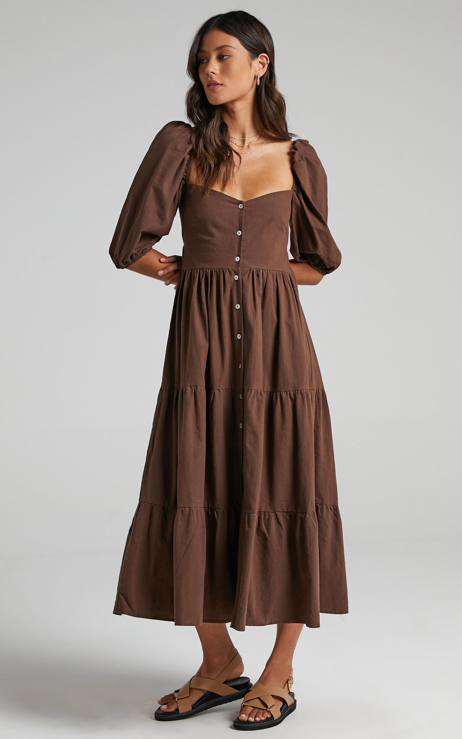Palmer Midi Dress - Sweetheart Puff Sleeve Dress in Chocolate | Showpo USA