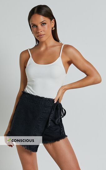 Ellyza Skort - Recycled Cotton Frayed Edge Wrap Denim Skort in Washed Black