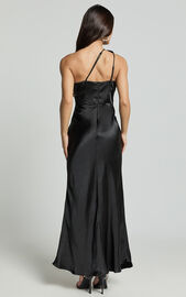Estella Midi Dress - Asymmetrical Lace Detail Waist Slip Dress in Black ...