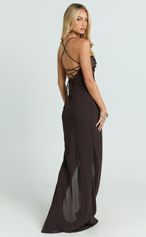 Sonya Maxi Dress - Cowl Neck Asymmetric Fit And Flare Dress in Chocolate