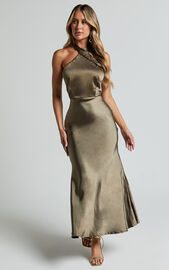 Rhianne Midi Dress - Twist Halter Neck Open Back Satin Dress in Olive ...