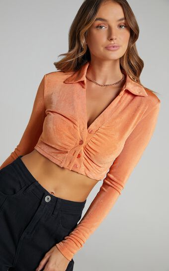 Juana Ruched Long Sleeve Button Up Top in Orange