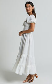 Claritza Midi Dress - Linen Look Short Puff Sleeve Square Neck Tiered Dress in White | Showpo USA