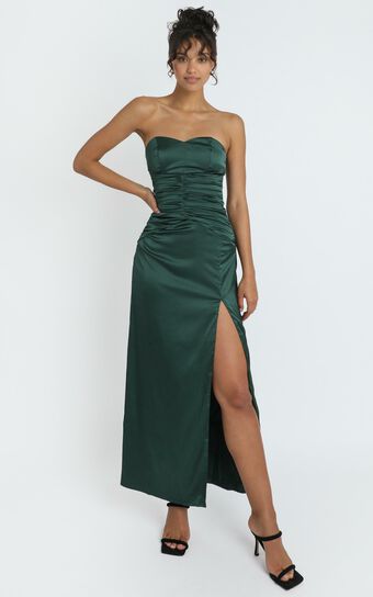 Dominque Ruched Waist Maxi Dress in Emerald Satin