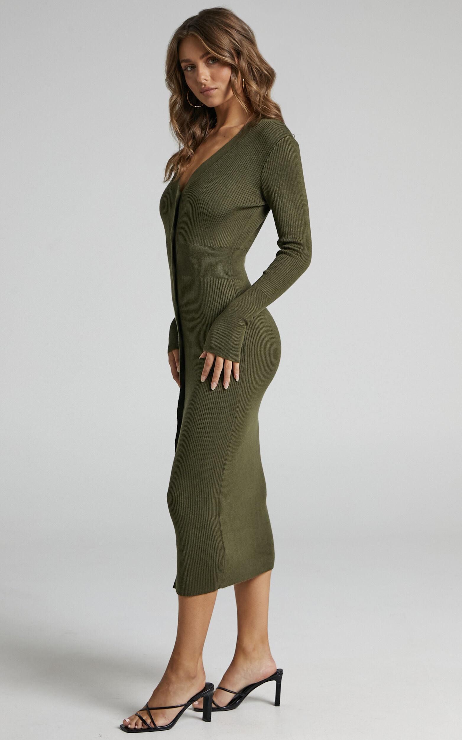 Leahanna Midi Dress - Button Front Knit Dress in Olive