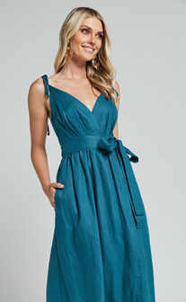 Amalie The Label - Siena Linen Tie Shoulder Wrap Midi Dress in Moss