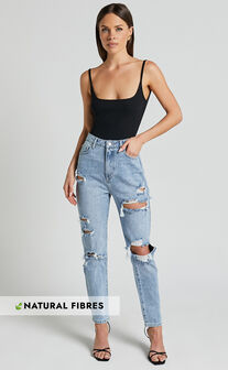 Billie Jeans - High Waisted Cotton Distressed Mom Denim Jeans in Mid Blue Wash