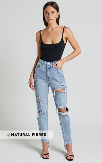 Billie Jeans  High Waisted Cotton Distressed Mom Denim in Mid